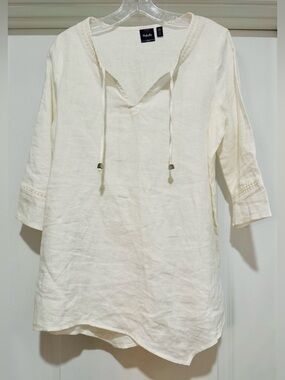 Rafaella Women’s White 100% Linen Split-Neck Tunic with Ties Size S